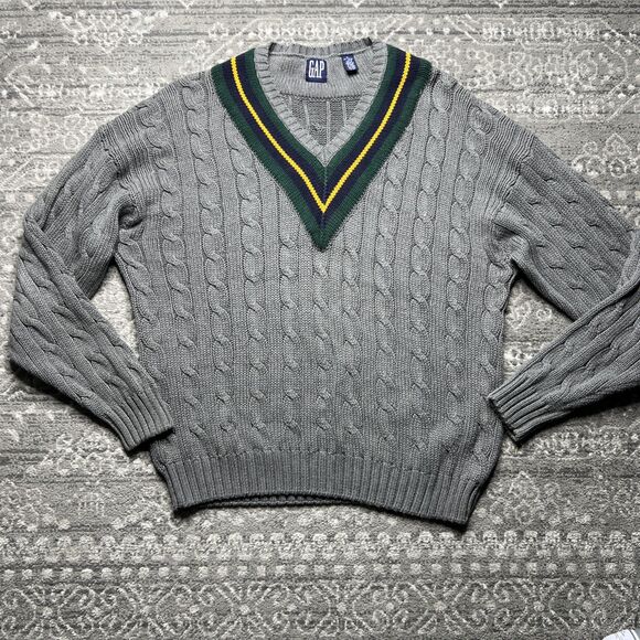 Vintage GAP Cable Knit V Neck Sweater Mens XL Gray CricketTennis Preppy 90s